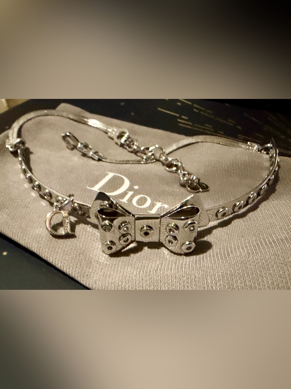 Rare Vintage Dior Gromet Silver Bow Choker Necklace
